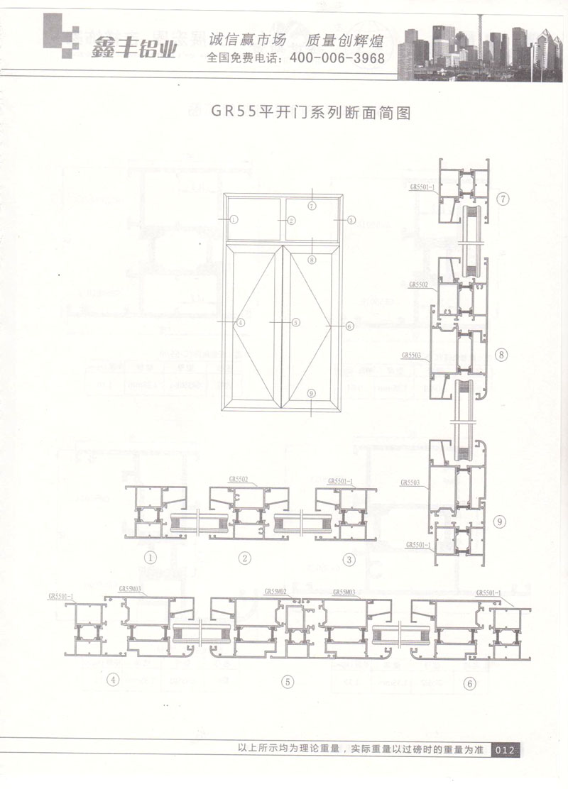 GR55平開門系列斷面簡圖